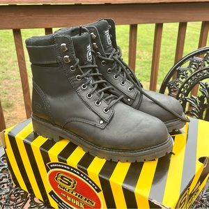 New Skechers Women’s Steel Toe Black Leather Work Boots with Memory Foam